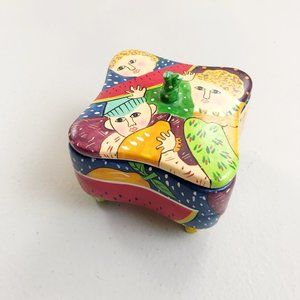 ARTISAN Summer Friends Gift Trinket Box 3x3 Painted Faces Fruit Colorful Ceramic